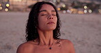 Breathing, calm and woman on vacation, beach and peace for tourist on getaway, relax and tropical island. Outdoor, zen and person with mindfulness on holiday, sea or meditation in nature for wellness