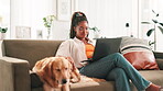 Calm, freelancer and woman with pet, laptop or creative for web design in living room and animal. Remote work, online and black person with dog in lounge, graphic designer or tech for project in home