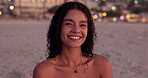 Beach, woman and face with smile on holiday, weekend vacation and confidence on summer break. Outdoor, evening and female person with happiness in portrait, travel destination and peace in California