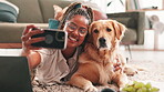 Relax, selfie and smile of black woman with dog on living room floor of home for bonding or memories. Laptop, photograph or relax with happy pet owner and labrador in apartment for weekend cuddles