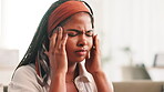 Tired, headache and student with woman on sofa for college debt, vertigo pain and mental health. Scholarship rejection, frustrated and anxiety with African person in living room at home for burnout