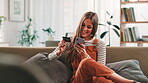 Online shopping, customer and woman with debit card, smartphone and browsing on website for purchase. Home, payment and person with credit for ecommerce, smile and happy for digital product on app