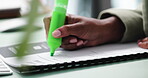 Contract, hands and highlighter with business person closeup in office for proofreading or reporting. Documents, legal and paperwork with professional employee at desk in workplace for review