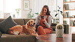 Woman, phone and dog on couch in home with smile, stroke and care with texting, chat and relax in lounge. Girl, smartphone and golden retriever with mobile app, happy and social network at apartment