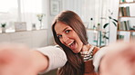 Girl, selfie and happy with open hands in home, pov and face for kindness, excited and welcome. Person, influencer and smile with photography, live streaming and social network at apartment in Italy