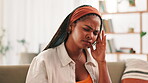 Anxiety, headache and student with woman on sofa for college debt, vertigo pain and mental health. Scholarship rejection, frustrated and stress with African person in living room at home for burnout