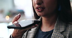 Office, business woman and speaker with phone for talking, networking or leave message for contact. Closeup, mouth or female consultant with mobile for application, voice note or recording discussion