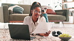 Home, document and woman on floor, laptop and accounting assignment for university. Financial charts, person or student on carpet, pc or paperwork with stats for economy task pr education with graphs