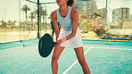 Sports, tennis court and friends with padel for game, match and competition outdoors. Fitness, athlete and woman with ball for training, exercise and workout for tournament, challenge or practice