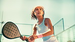 Sports, tennis court and woman with padel for game, match and competition outdoors. Fitness, athlete and person with ball for training, exercise and workout for tournament, challenge or practice