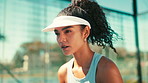 Thinking, athlete woman and sports on court for preparation, planning and start of tennis competition. Person, ideas and ready for fitness exercise, game practice and challenge training of tournament