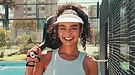Padel tennis, face and smile with woman on court for competition, training and performance. Game, sports workout and fitness club with person in match for athlete, exercise and racket tournament