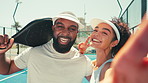 Paddle, peace sign and selfie with couple outdoor on court for start of game, match or tournament. Exercise, fitness and laughing with people at venue for social media or sports challenge together