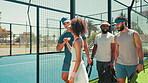 Walking, greeting or people in sports for fist bump for game, match or training session in summer. Start, group or athletes with handshake on outdoor tennis court for playing together or practice