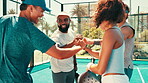 Fist bump, paddle and team building with people outdoor on court for start of game, match or tournament. Exercise, fitness and teamwork with person at venue for competition, motivation or support
