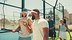 Fist bump, start or people in sports for greeting for game, match or training session in summer. Walking, group or athletes with handshake on outdoor tennis court for playing together or practice