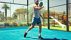 Sports, tennis court and man with padel for training, match and competition outdoors. Fitness, athlete and person with racket for game, exercise and workout for tournament, challenge and practice