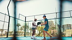 High five, net and winner with paddle team on court together for points scoring or success. Exercise, fitness and partnership with men in celebration at venue for challenge, competition or motivation
