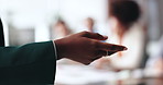 Talking, hand and businesswoman in office for discussion with company budget explanation. Meeting, conversation and closeup of female financial manager with communication for investment proposal.