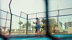 Handshake, net and winner with paddle team on court together for points scoring or success. Exercise, fitness and sports with man friends hugging at venue for challenge, competition or motivation