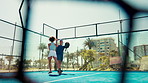 High five, sports and winner with paddle team on court together for points scoring or success. Exercise, fitness and motivation with people at net in venue for celebration, challenge or competition