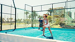 Sports, tennis court and people with padel fist pump for goal in game, match or competition. Fitness, athlete and man and woman for training, exercise and workout for tournament, challenge and win