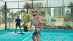 Sports team, tennis court and men with padel for game, match and competition outdoors. Fitness, athlete and people with racket for training, exercise and workout for tournament, challenge or practice