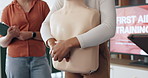 People, hands or dummy for CPR lesson for rescue safety, demonstration class or education. Body mannequin, pointing or paramedic in presentation for medical emergency, learning procedure or first aid