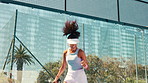 Padel tennis, winner and fist pump with woman on court for competition, training and performance. Game, sports workout and fitness club with person in match for athlete, exercise or racket tournament
