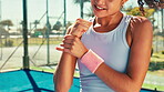 Sport injury, hands and athlete with wrist pain on court for match accident, bone fracture or tendinitis. Padel tennis, girl and massage joint inflammation for strain, fitness practice or muscle ache