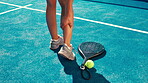 Hands, tennis and player with leg pain injury for match accident, muscle sprain and massage calf. Padel sport, closeup and joint inflammation on court with fitness training, bone fracture and strain