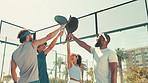 Team, sports and people with padel at court for success, motivation or training outdoor. Group, athlete and community of players with collaboration for celebration, support and excited for tennis