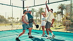 Cheering, athlete and celebration with group, outdoor and gesture for achievement in morning and fitness. Padel, friends and accomplishment for team in sports field, people and clapping for match