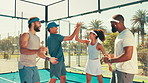 High five, athlete and celebration with group, fitness and gesture for achievement in morning or match. Outdoor, victory and cheering for success, health and training for sports, clapping and friends