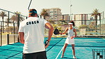 Back, coach and woman with sports, court and tennis players with challenge, help and wellness. Healthy people, instructor and outdoor with practice, activity and advice for skills or personal trainer