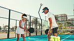 Padel tennis, coaching and fitness with people on court for competition, training and teaching. Game, workout and sports club with man and woman learning for athlete, practice and racket tournament