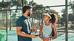 Sport, coach and talking to athlete with tablet for tennis club registration, tournament sign up and membership schedule. Padel player, people and digital signature for league recruitment or practice