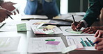 Boardroom, hands and meeting with documents, signing and review of shareholder agreement, info and busy. Colleagues, business people and paperwork for merger in company, contract and banker in office