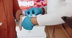 Paramedic, hands or bandage with gloves for first aid training, injury or emergency service at office. Closeup, medical worker or strap with cotton or patient accident for bruise, wound or healthcare