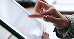 Tablet, screen typing and hands of business woman for online project, website review and social networking. Office, professional and worker on digital tech for research, report and internet search