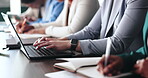 Hands, laptop and typing with business people in seminar or workshop for development and education. Computer, conference and presentation with employee team in convention center for learning