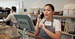Woman, waiter and tablet with phone call at cafe for online order, customer reviews and confirm takeaway. Person, talking and digital with inventory, stock check and menu update for ecommerce payment
