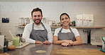 Face, people and barista in cafe, smile and support with cooperation, friendly service and restaurant. Portrait, coworking or employees in coffee shop, supply chain or hospitality with welcome or joy