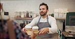 Man, waiter and serving coffee at cafe for takeaway order, customer service and confirm purchase. Person, giving espresso and beverage collection, consumer checkout and hospitality industry at store