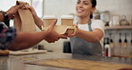 Hands, waitress and giving coffee at cafe with takeaway order, customer service and confirm purchase. Woman, serving espresso and collect beverage, consumer checkout and hospitality industry at store