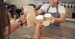 Hands, waitress and giving order at cafe for takeaway package, customer service and confirm purchase. Woman, serving espresso and collect fast food, consumer checkout and hospitality industry at shop