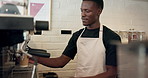 Cafe, black man and barista at coffee machine for drink service, latte preparation and espresso. Shop, process and person making beverage with waiter brewing cappuccino in cup in small business