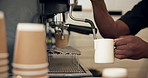 Steam milk, hands and barista by coffee machine for drink, latte jug and espresso preparation in small business. Cafe, foam and person frothing beverage with dairy, water or brewing process closeup