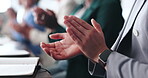 Business, people and hands with applause in seminar for financial training, capital gain and profit increase. Corporate team, group and notebook in presentation for company success and celebration