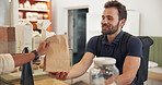Restaurant, delivery man and waiter with food with phone for online order, receipt and collection. Customer service, hospitality and server with person on smartphone for takeaway, service and parcel